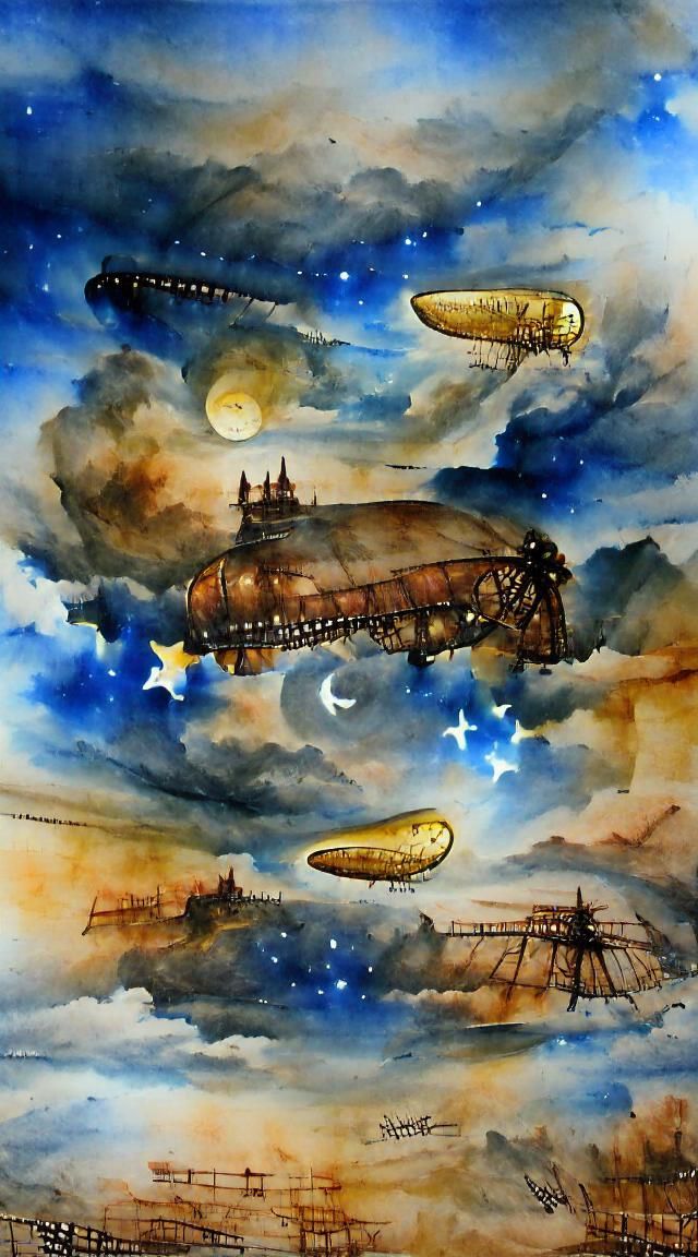 The zeppelin flying in the night stary sky steampunk beautif...