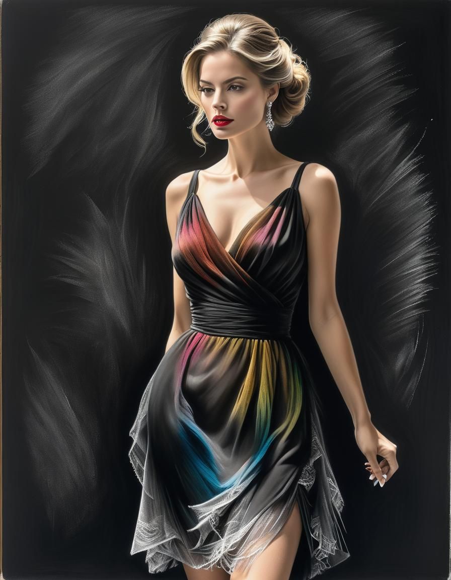 An exquisite charcoal drawing of a fashion woman in a nice d...