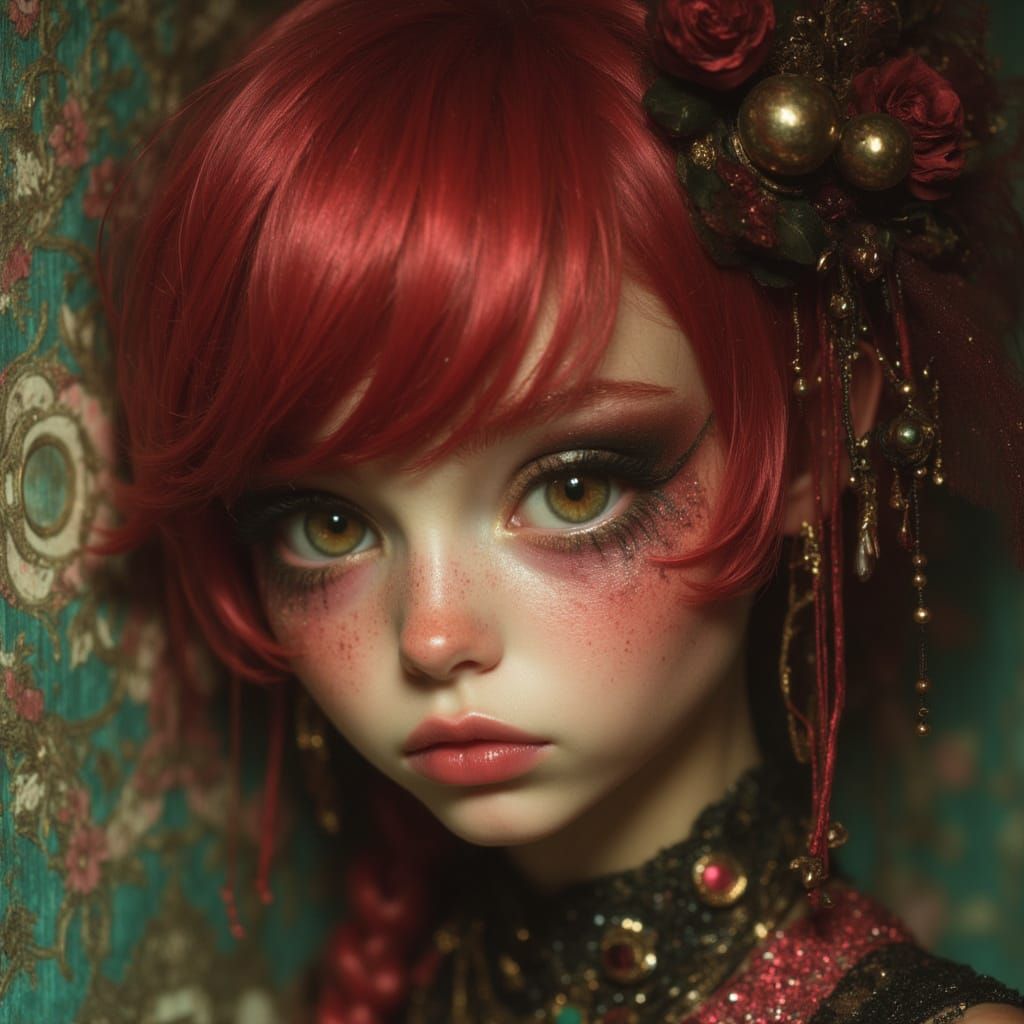 Magical, ethereal gypsy punk, wild red hair, huge eyes, freckles, cheeky, lively, adorable, 3/4 profile, close up <lora:Geo Nouveau:1.0>