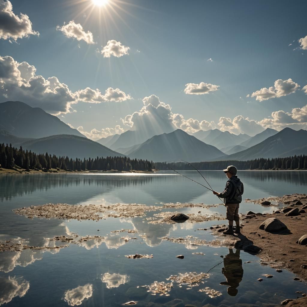 A little boy fishing in a crystal lake with a blue sky and a...
