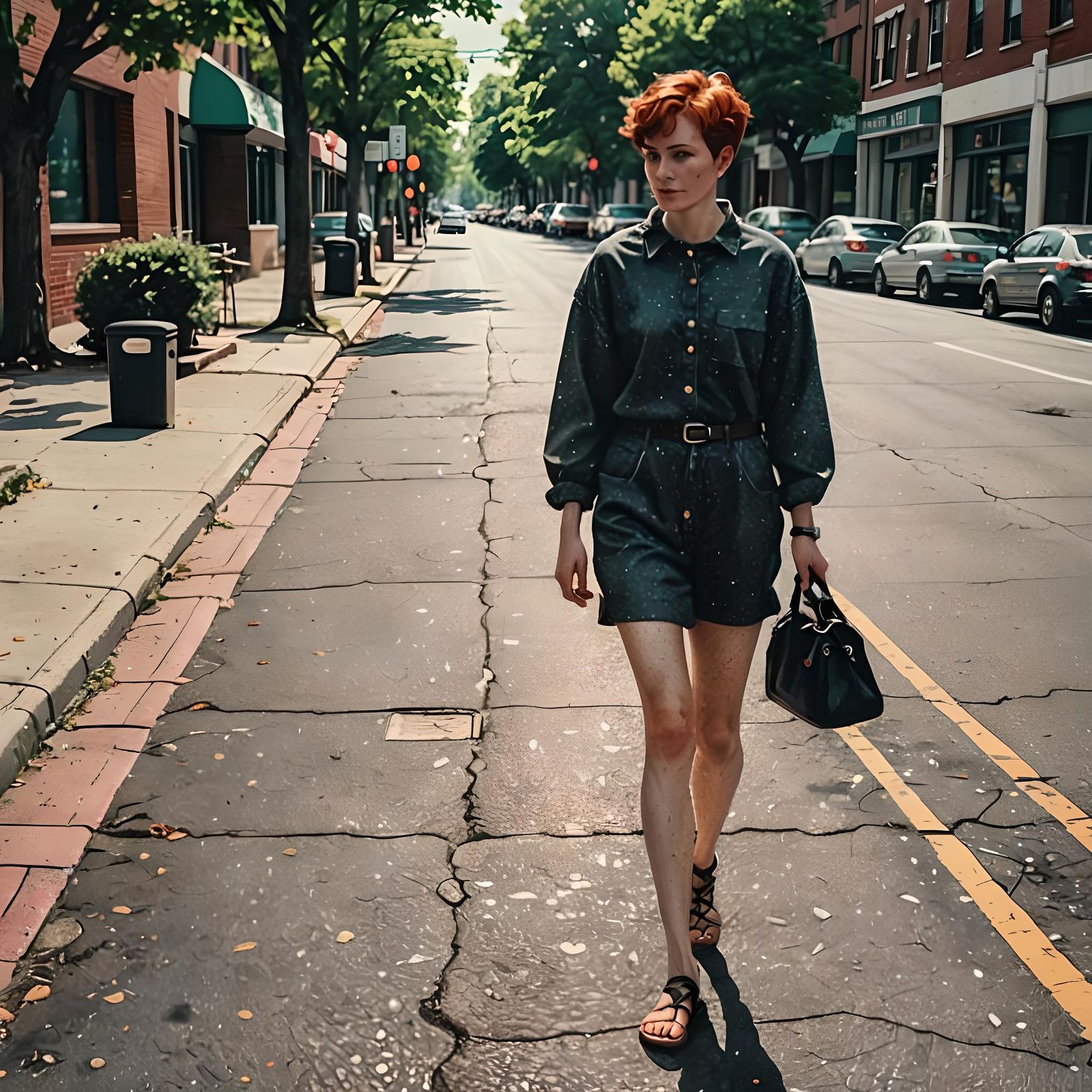 Redhead girl with a pixie cut walking barefoot on the sidewalk that ...