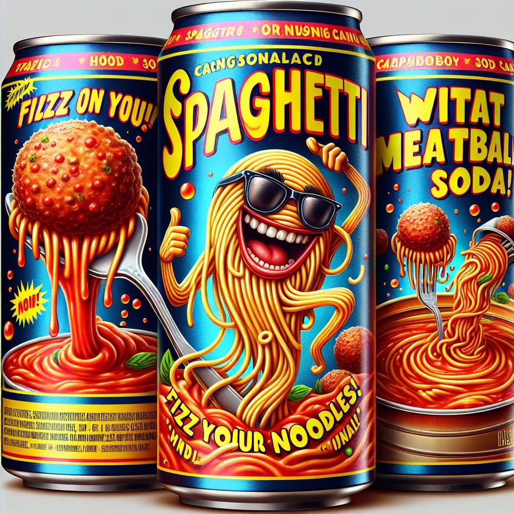 Design a surreal and humorous packaging for a new food product: "Spaghetti in a Can with Meatball Soda." ...  by @Fischli