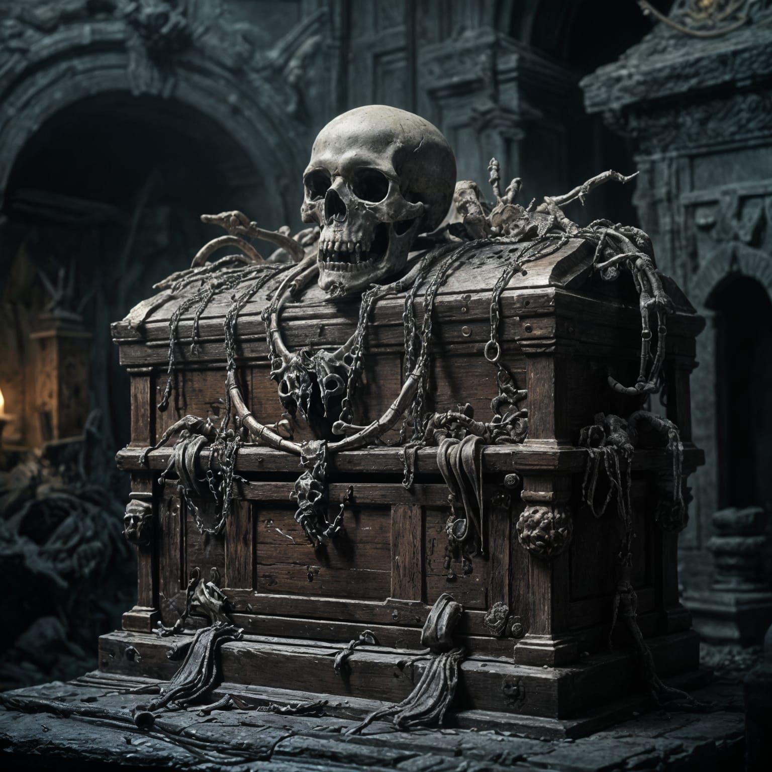 In a dark, gloomy cave, on a stone pedestal stands an old chest, covered in cobwebs, with a huge keyhole. ...  by @Likra