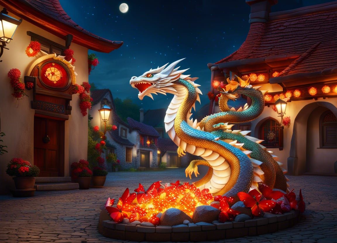 A Fiery White-Teal Dragon, Protector of the Village