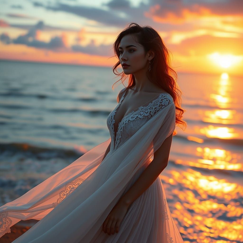 Futuristic Goddess on Sunset Ocean Shore