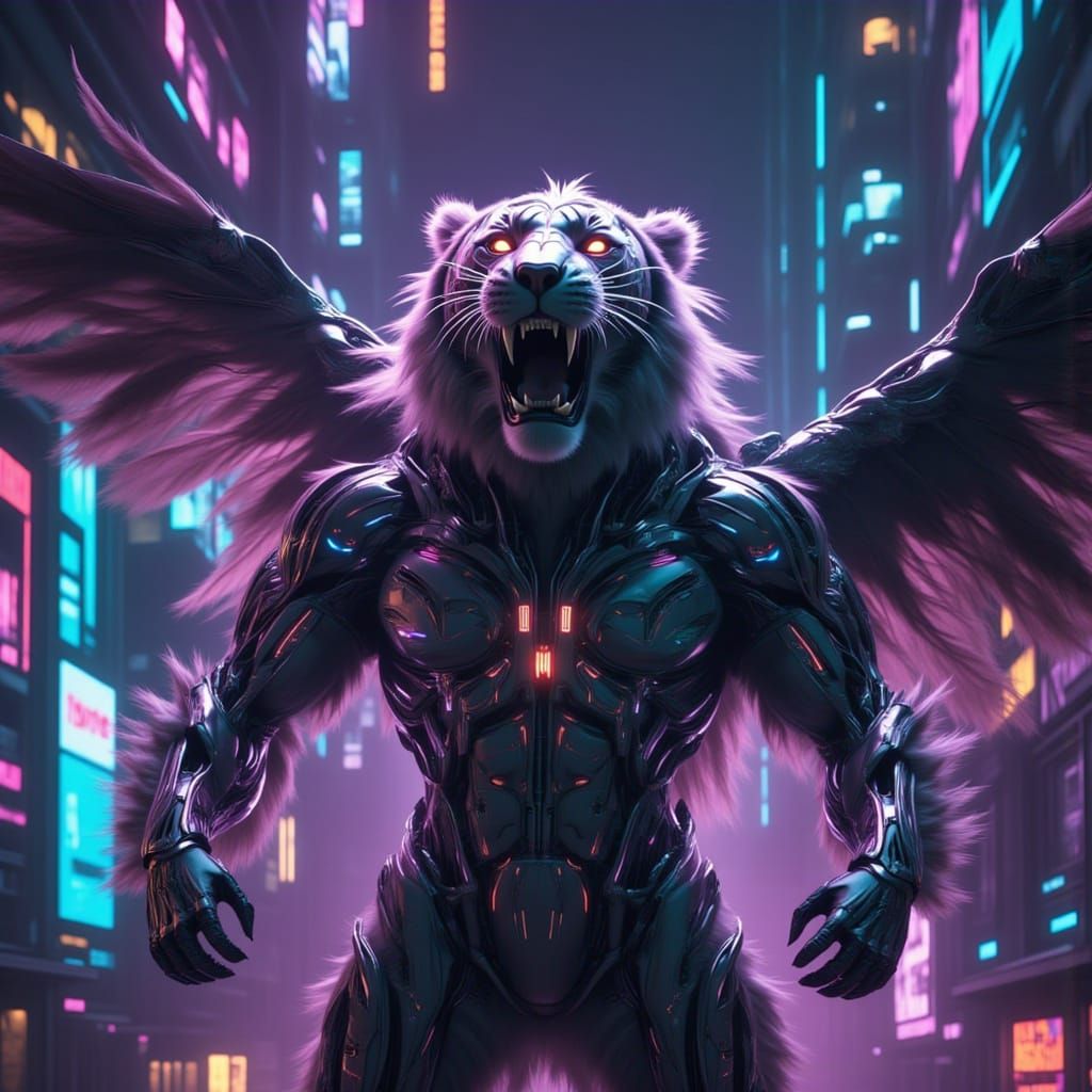<lora:Beast Wars:1.0> Humanoid tiger, lithe build, sharp teeth, wearing cybernetic armor, large feathered wings with metallic purple and blu...