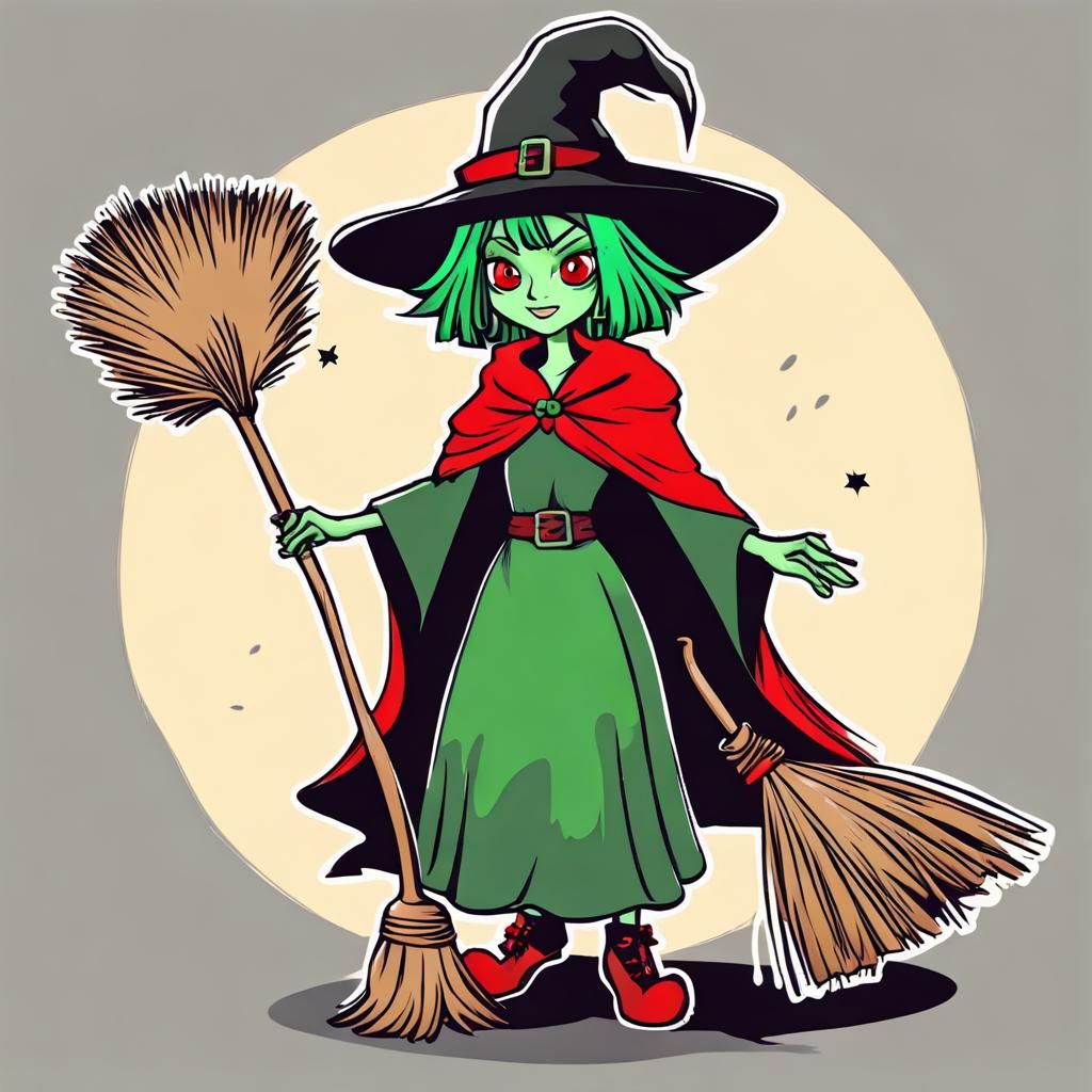 A beautiful mischievous green haired red-eyed witch with her...