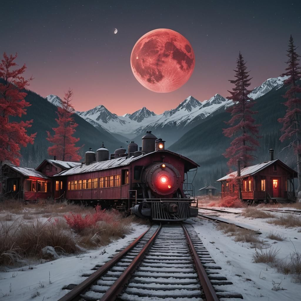 Abandoned train depot in Alaska wilderness under full round ...