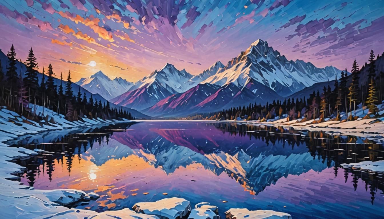 Impasto painting of Twilight over the snow mountain, lake with reflection  by @Alan