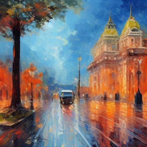 <lora:ImpressCitySD15:1.3> Busy City street, people in the street, sunny day sun clouds 