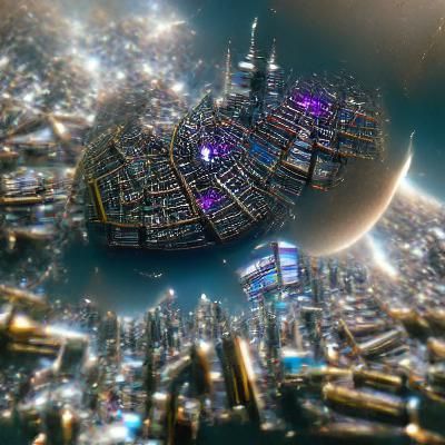 3d render of a cyberpunk city in space with shading lighting...