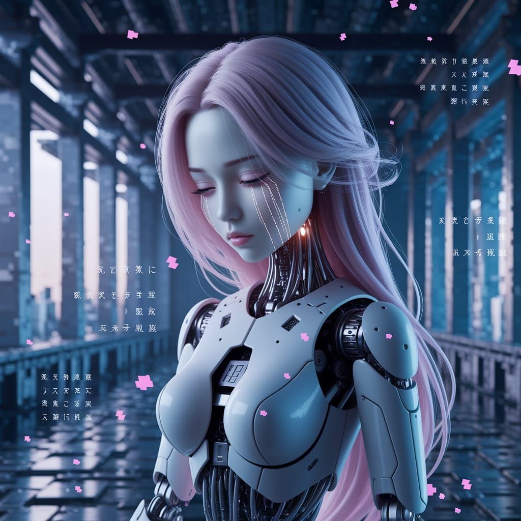Sorrowful Cybernetic Android in Digital Temple with Glitch E...