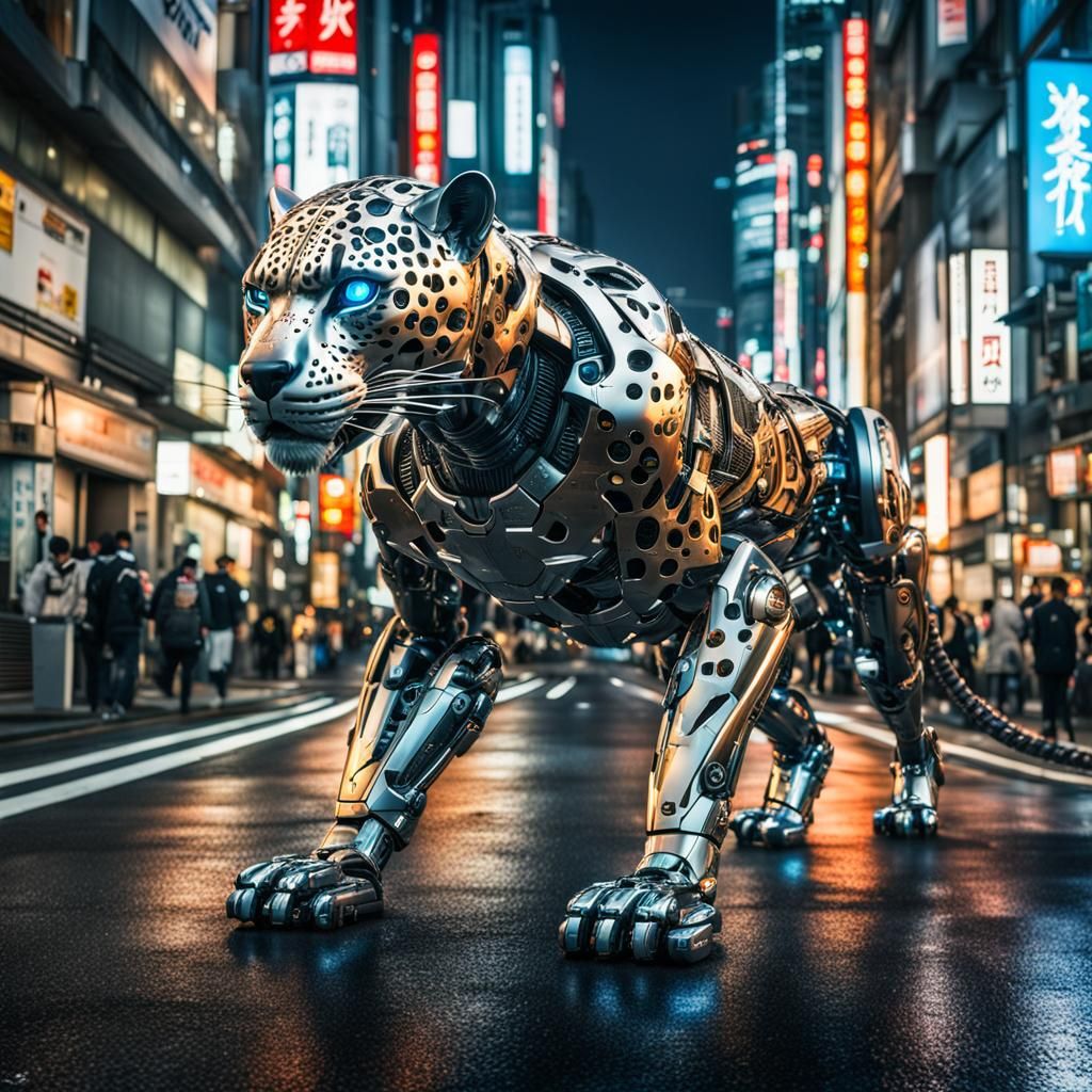 Cyborg Jaguar roaming the brightly lit streets of heavily urbanized ...