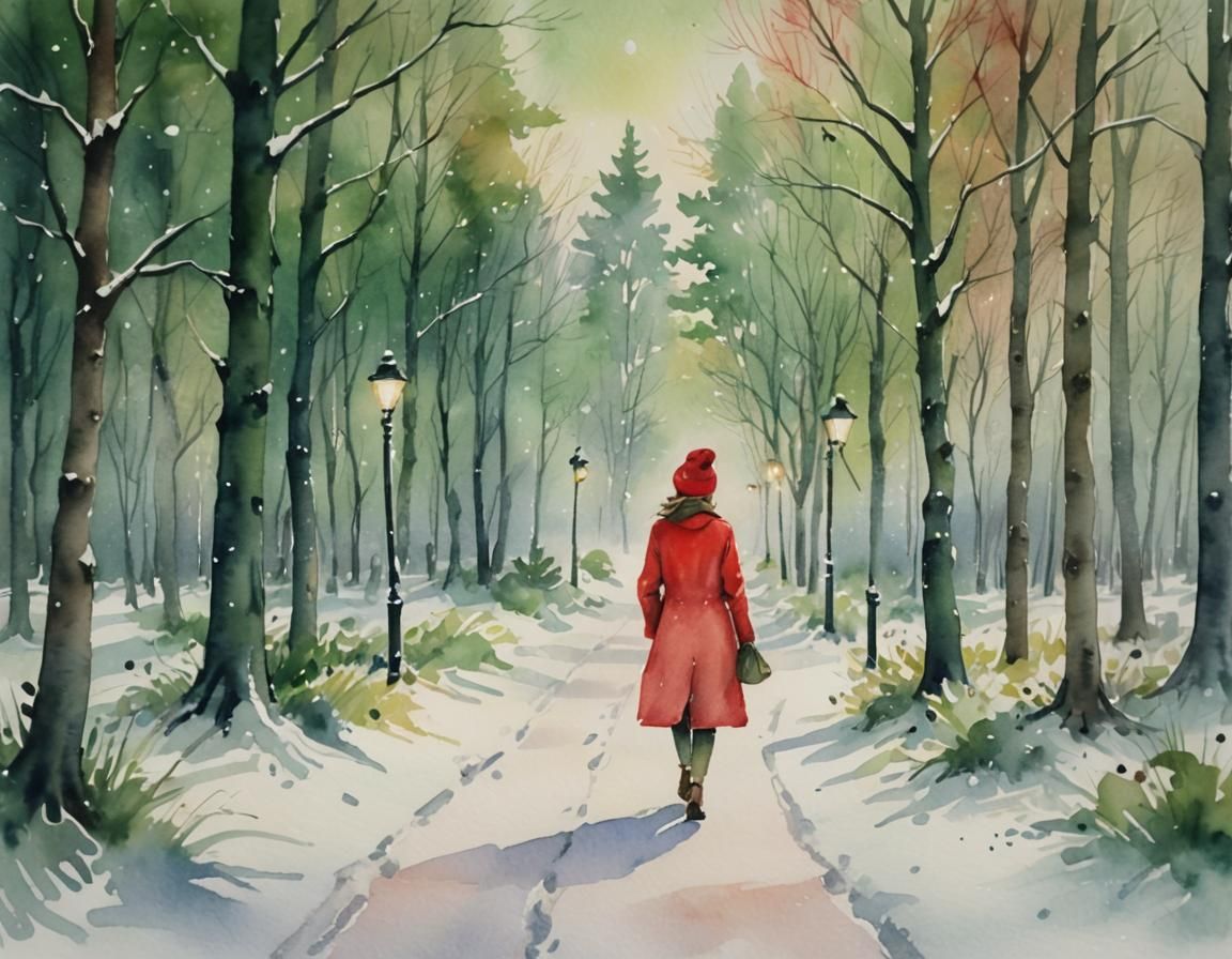 Woman in Red Coat: Watercolor Winter Forest