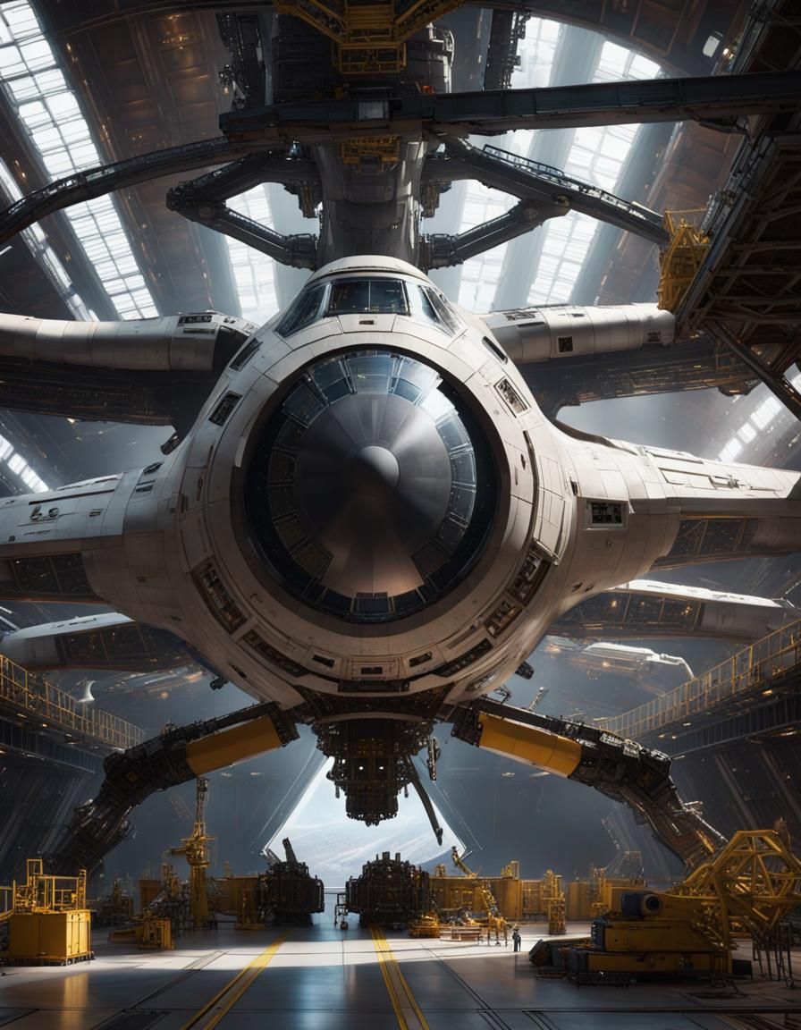 smaller space ship inside the maintenance hangar of a larger...