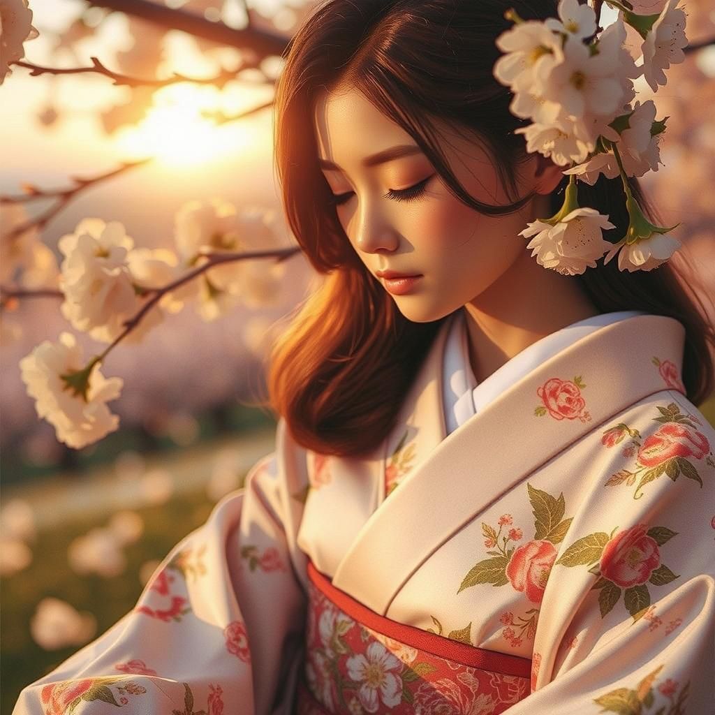 Close up on japanese girl in kimono sitting under a cherry blossom tree in full bloom, covered in white petals, pink tender sunrise 