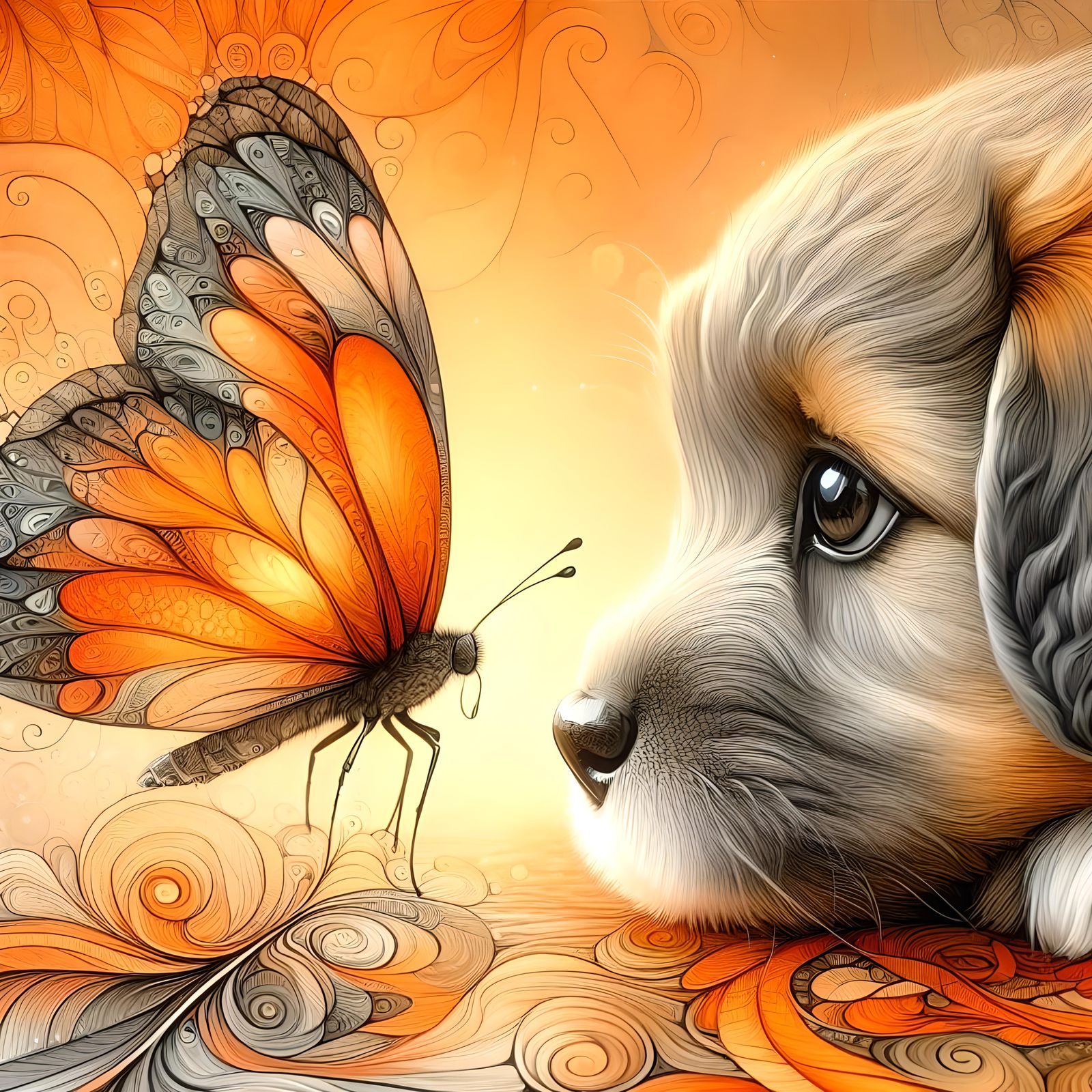 The curious pup and the butterfly