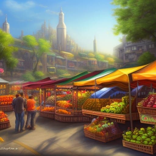"detailed matte painting of farmers market on road side , de...