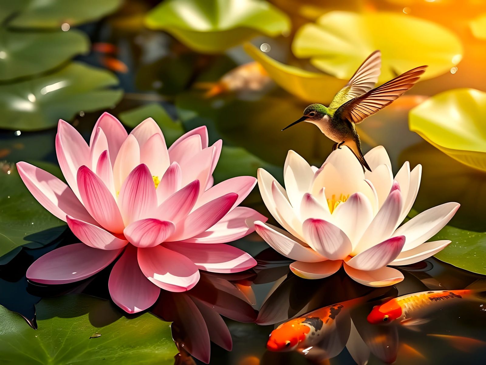 Lotus Flowers, Hummingbird and Koi   by @Brian