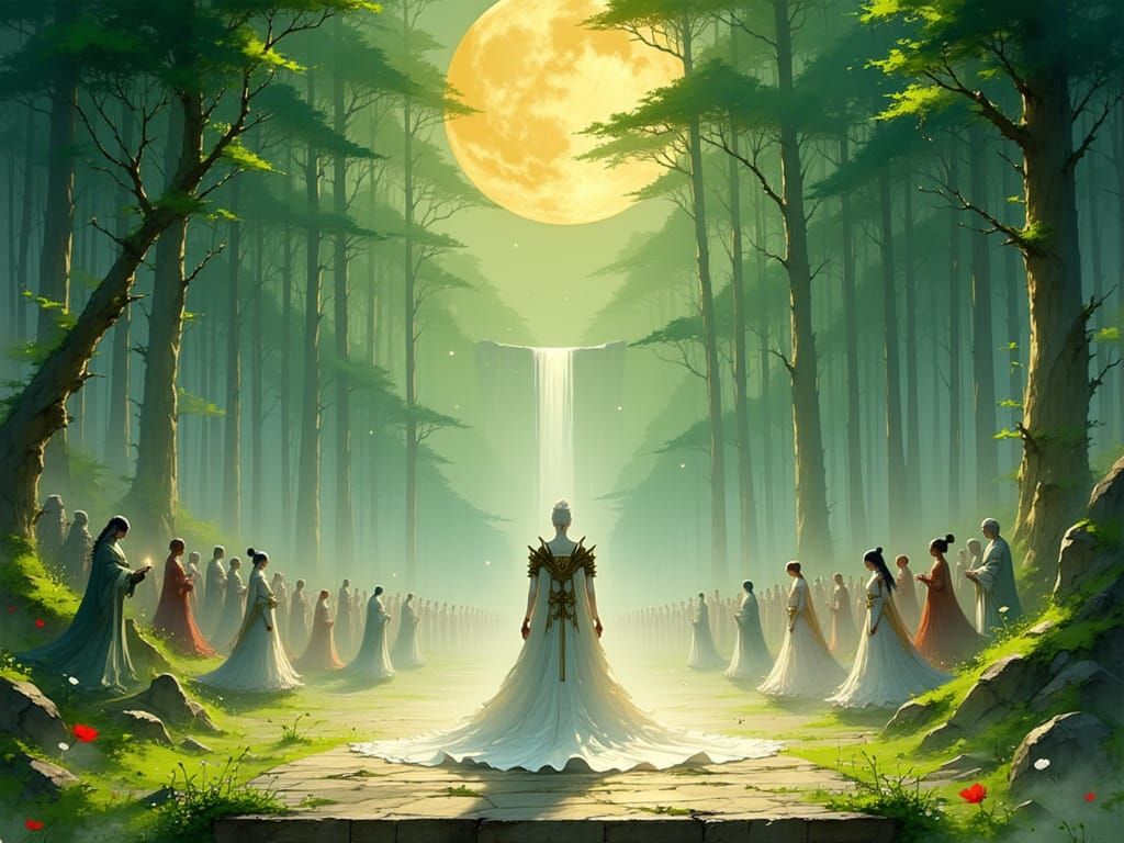 Elven King Watches Queen's Wedding Procession in Forest