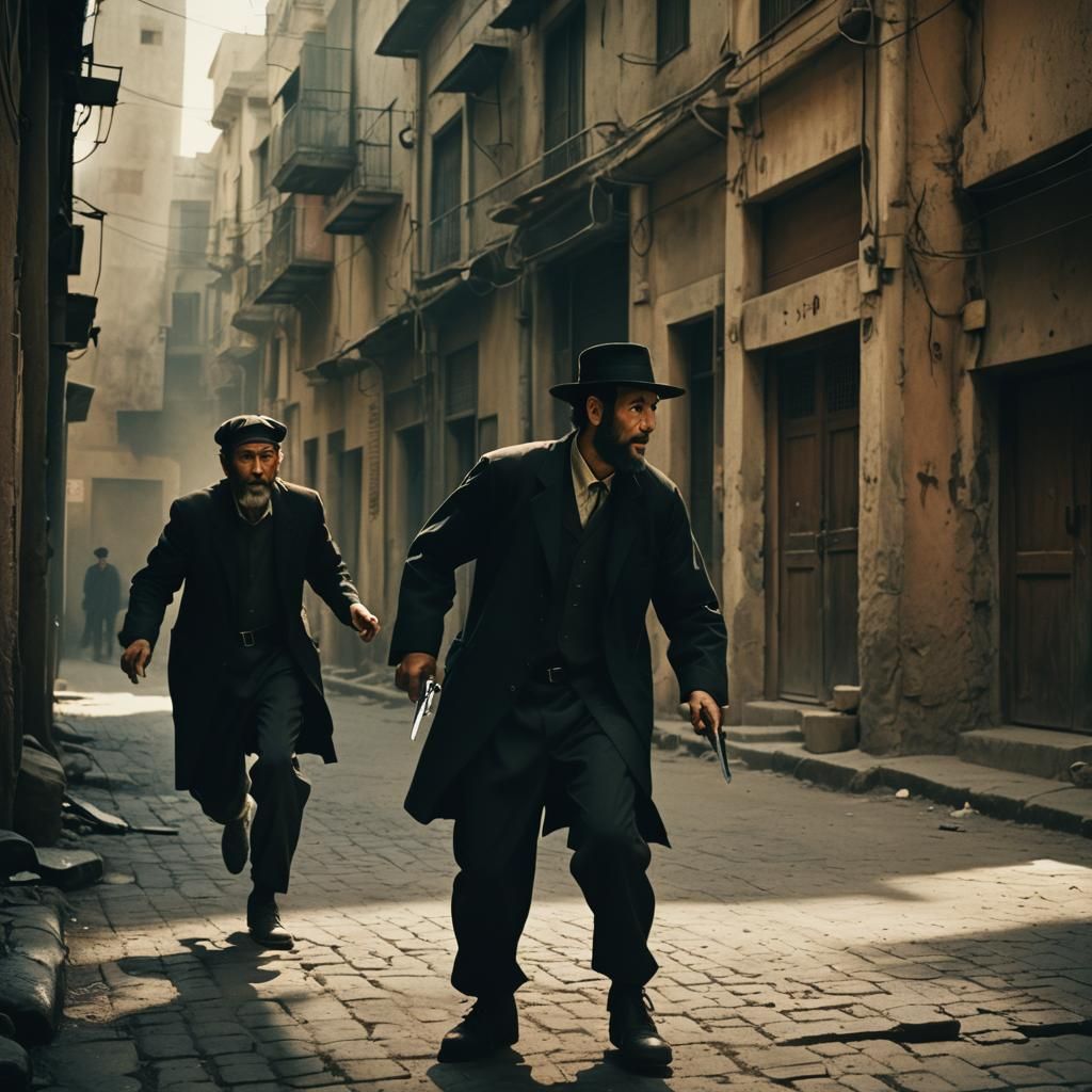 Intense Cinematic Still of Middle Eastern Man with Knife