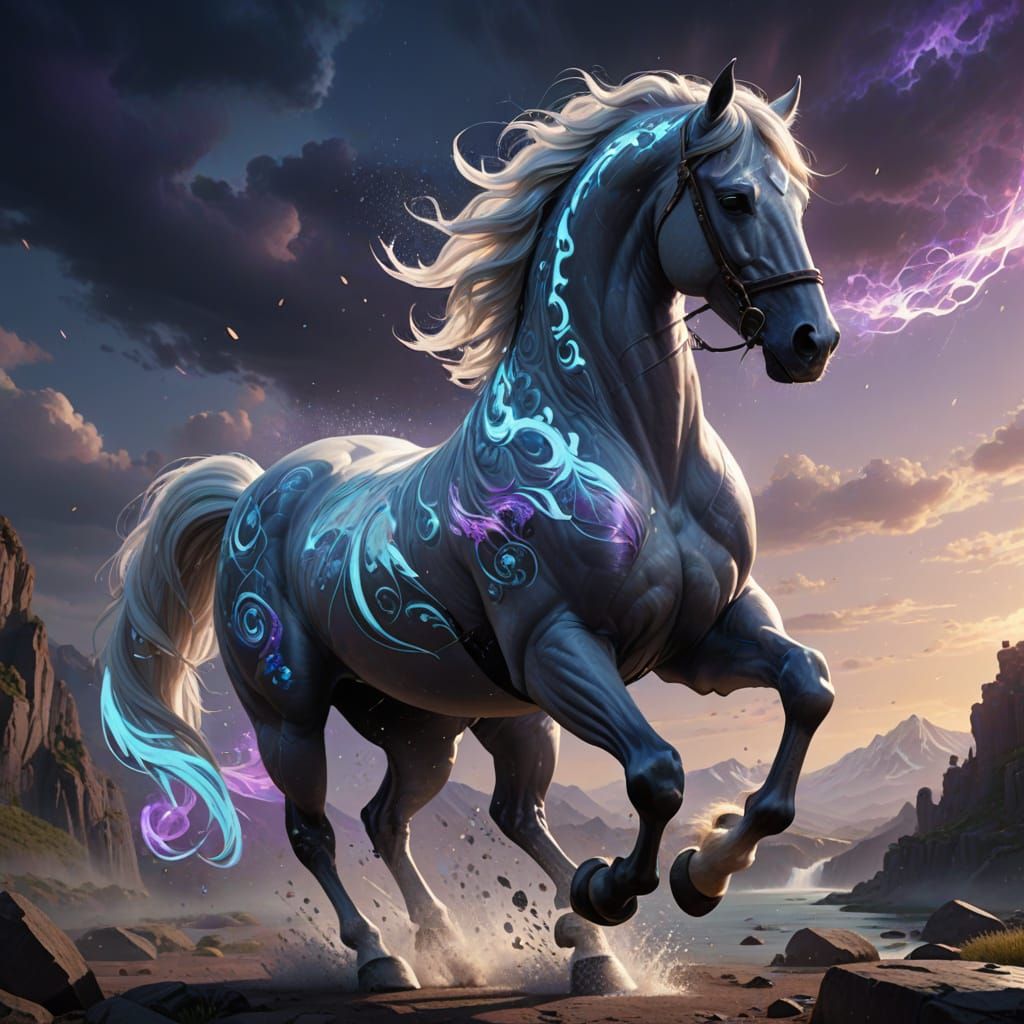 Glowing White Horse in Mid-Jump, in a Vibrant, Unreal Fantas...