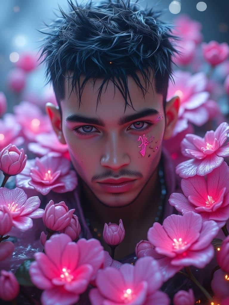 <lora:Future-Punk:1.0> handsome fem-boy, lightly open mouth, plump shiny lips, geometric pink tattoos, punk, Fluffy clouds illuminated by li...