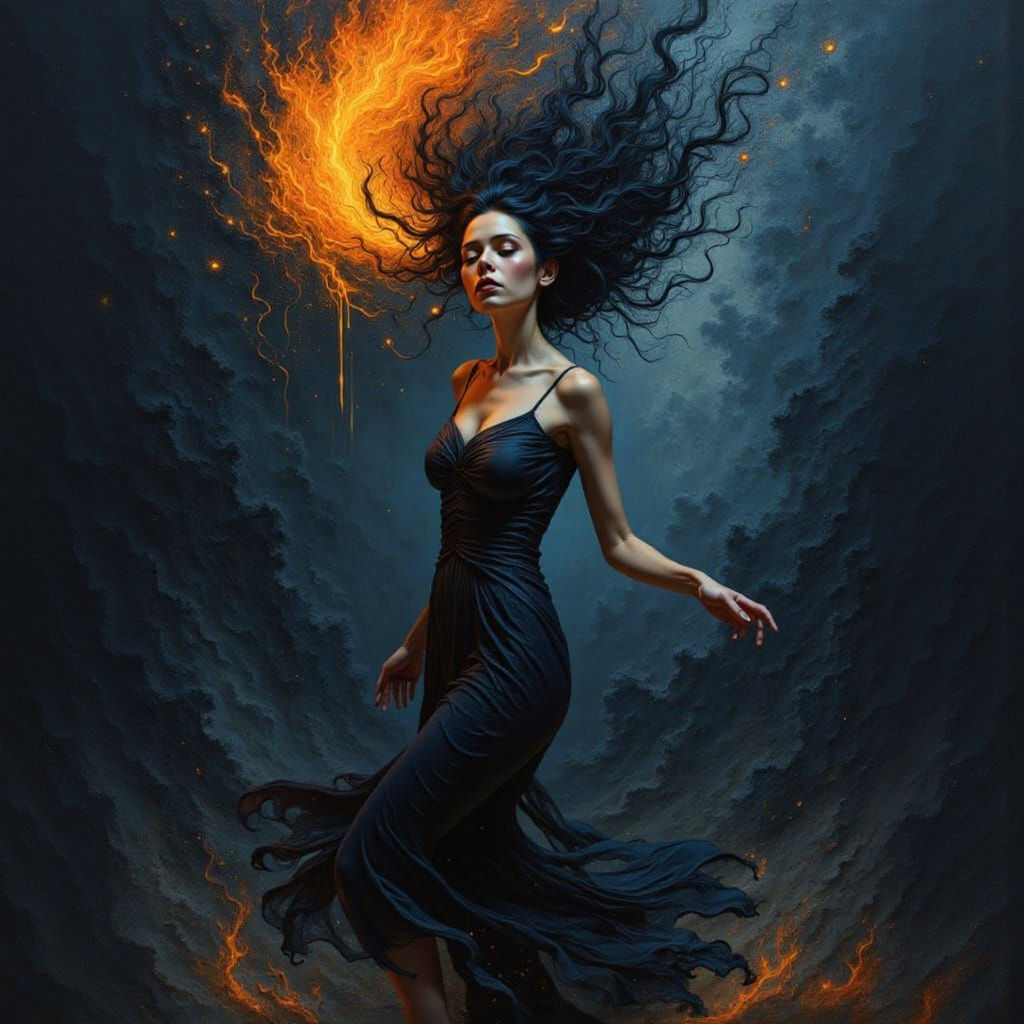 A captivating abstract painting of a woman dancing fiercely under a starry night sky. She is adorned with a flowing dress that blends into t...