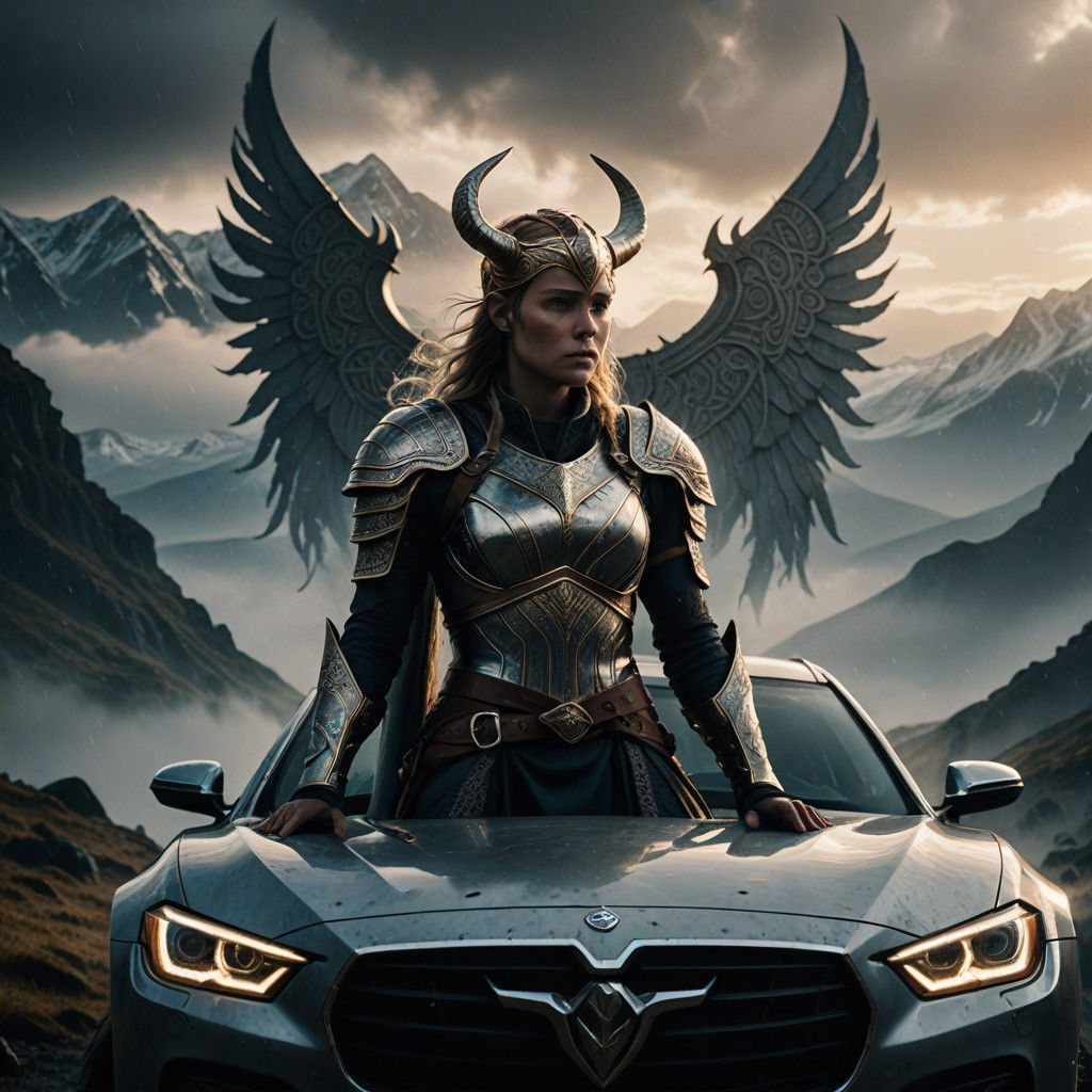 Valkyrie in Ancient Norse Glory, Beside a Sleek Silver Car