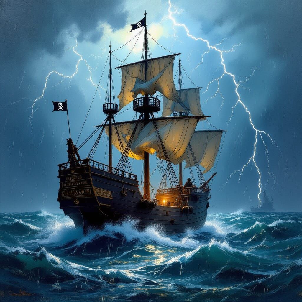 Stormy Seas Pirate Ship Oil Painting