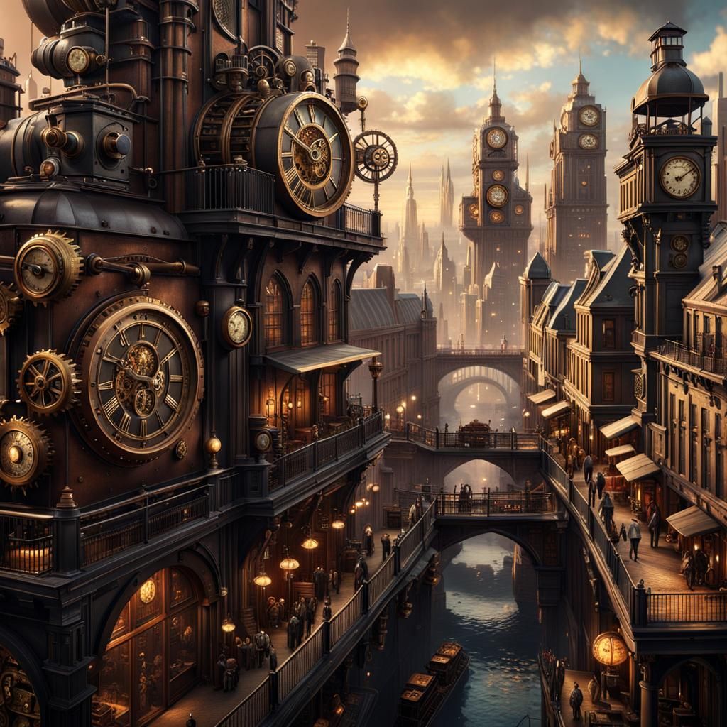 Illustrate a bustling steampunk cityscape with intricate gears and ...