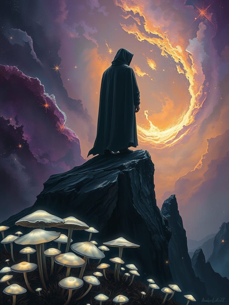 A solitary figure stands on a crystalline cliff overlooking a swirling nebula of amethyst and gold. The figure is cloaked, their face obscur...