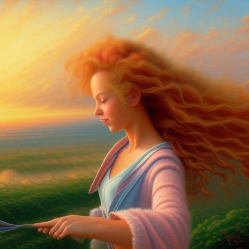 Girl with curly blonde Hair blowing in the wind, riding in t...