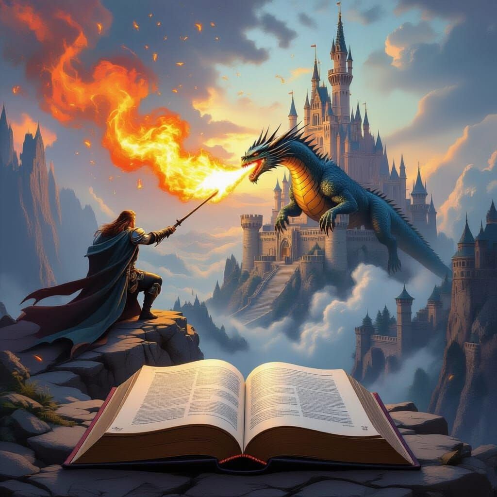 A book opens to a high fantasy world, with a person riding a dragon while breathing fire. With Castles.
