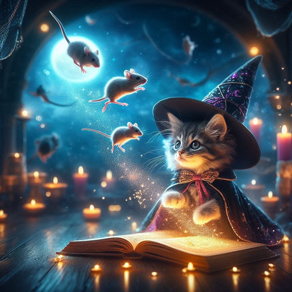 Wizard cat conjures mice around.