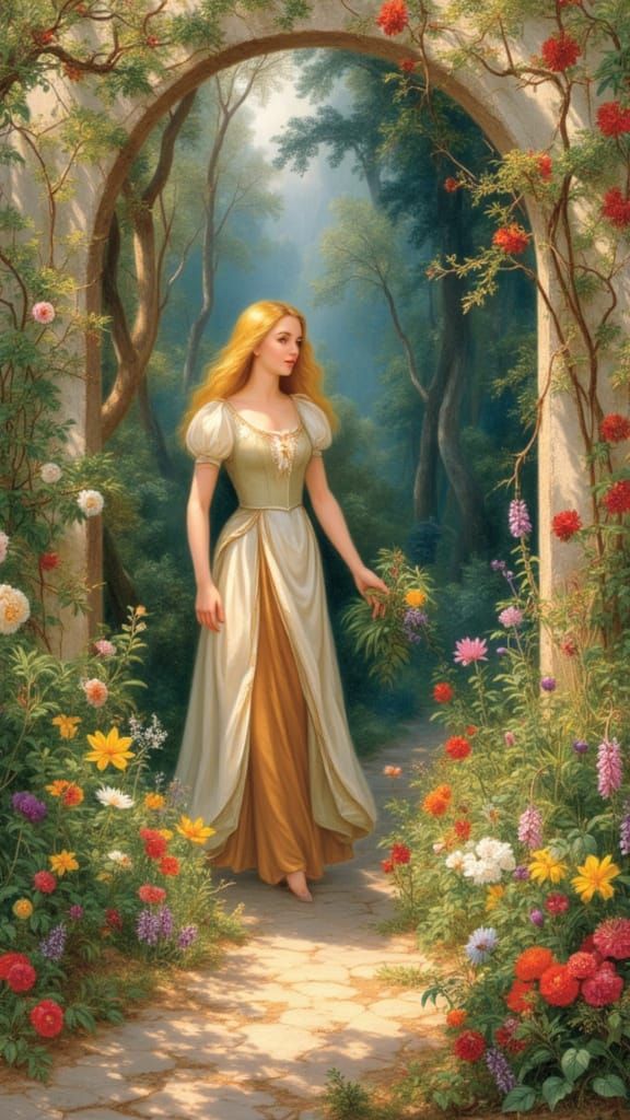 <lora:Hudson River v2:1.0> A dramatic painting of a golden-haired princess stepping through an arch from a vibrant, well-tended garden full ...
