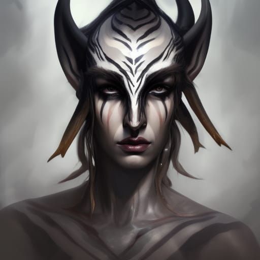 Dark elf with horns and zebra skin patterns and white eyes, ...