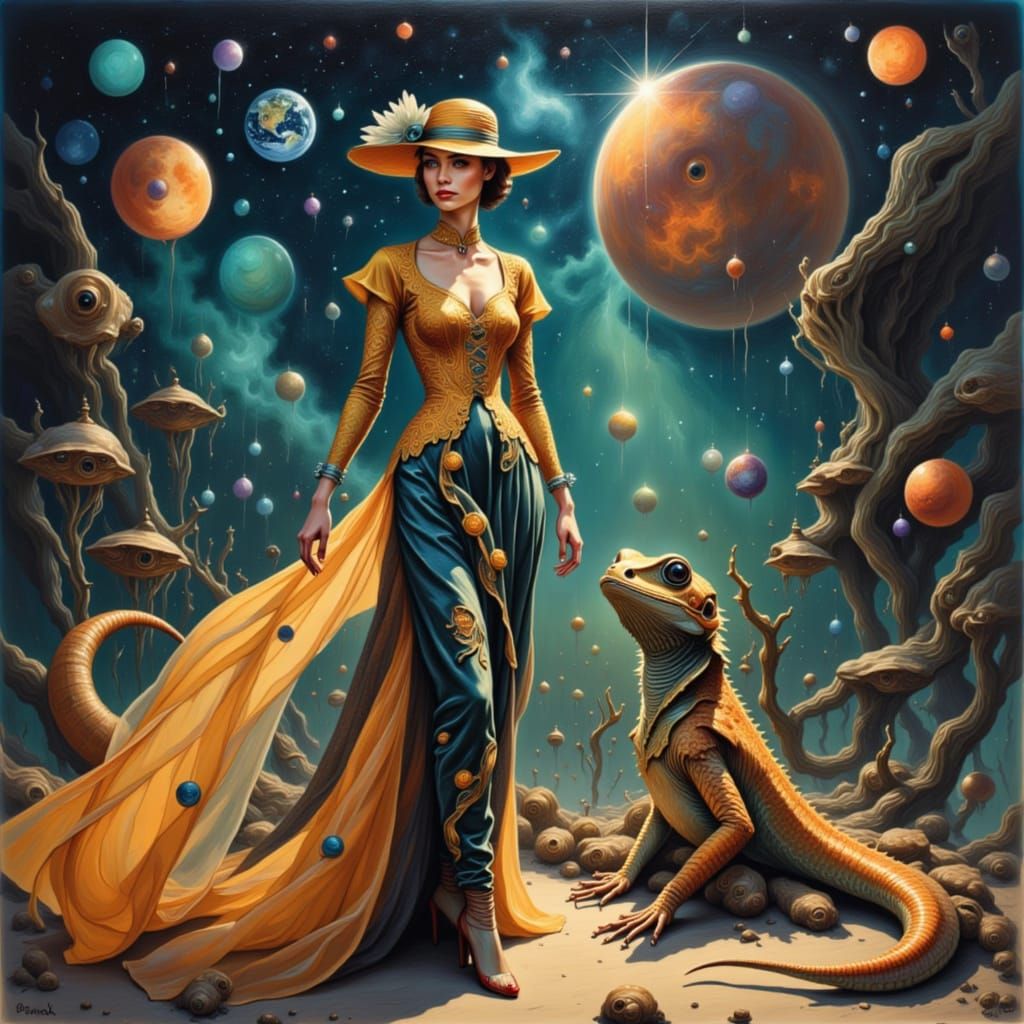 <lora:My pets:1.0><lora:My outfits:1.0> a model with a Norman Rockwell inspired runway dress next to a gecko