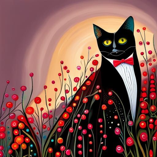 Folk Art Tuxedo cat, dramatic lighting, insanely detailed, polished