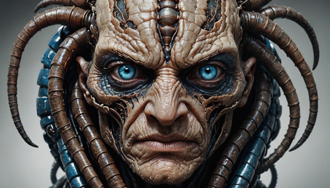 human face powerful and ageless, piercing blue eyes. two cla...