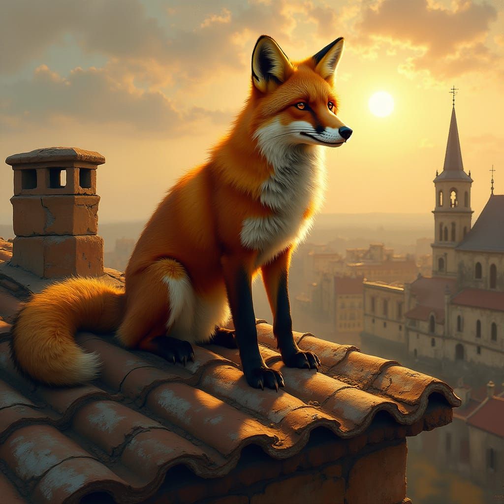 Regal Fox on Rooftop with Dramatic Golden Hour Light