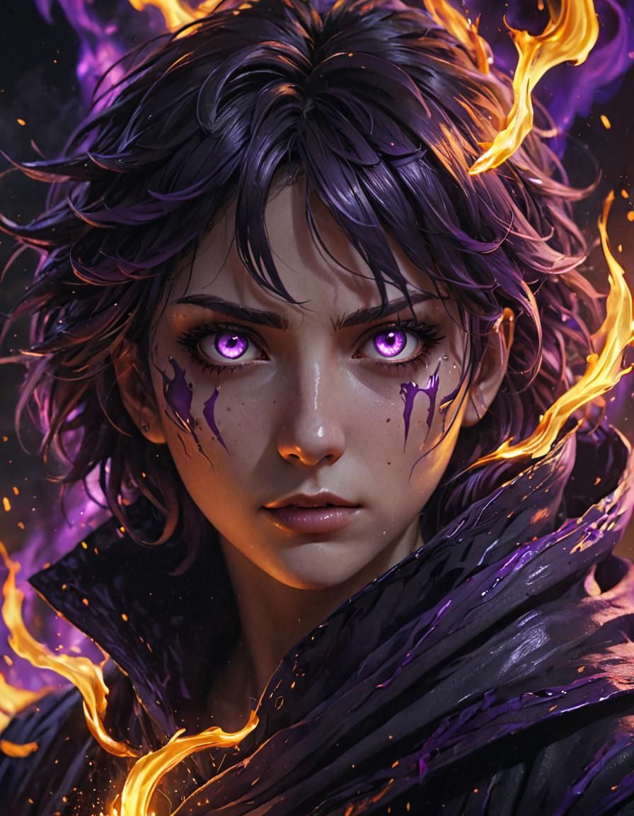 A dark, shadowy figure emerges from swirling purple flames, ...