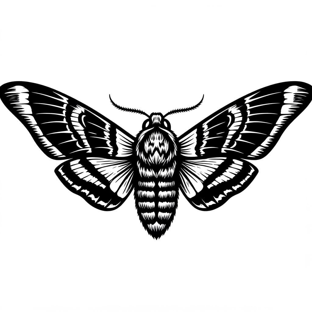 A black and white logo of a deaths head hawk moth