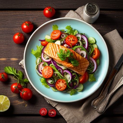 Red Salmon Salad with Tomatoes and Cucumbers and Onions - AI Generated ...