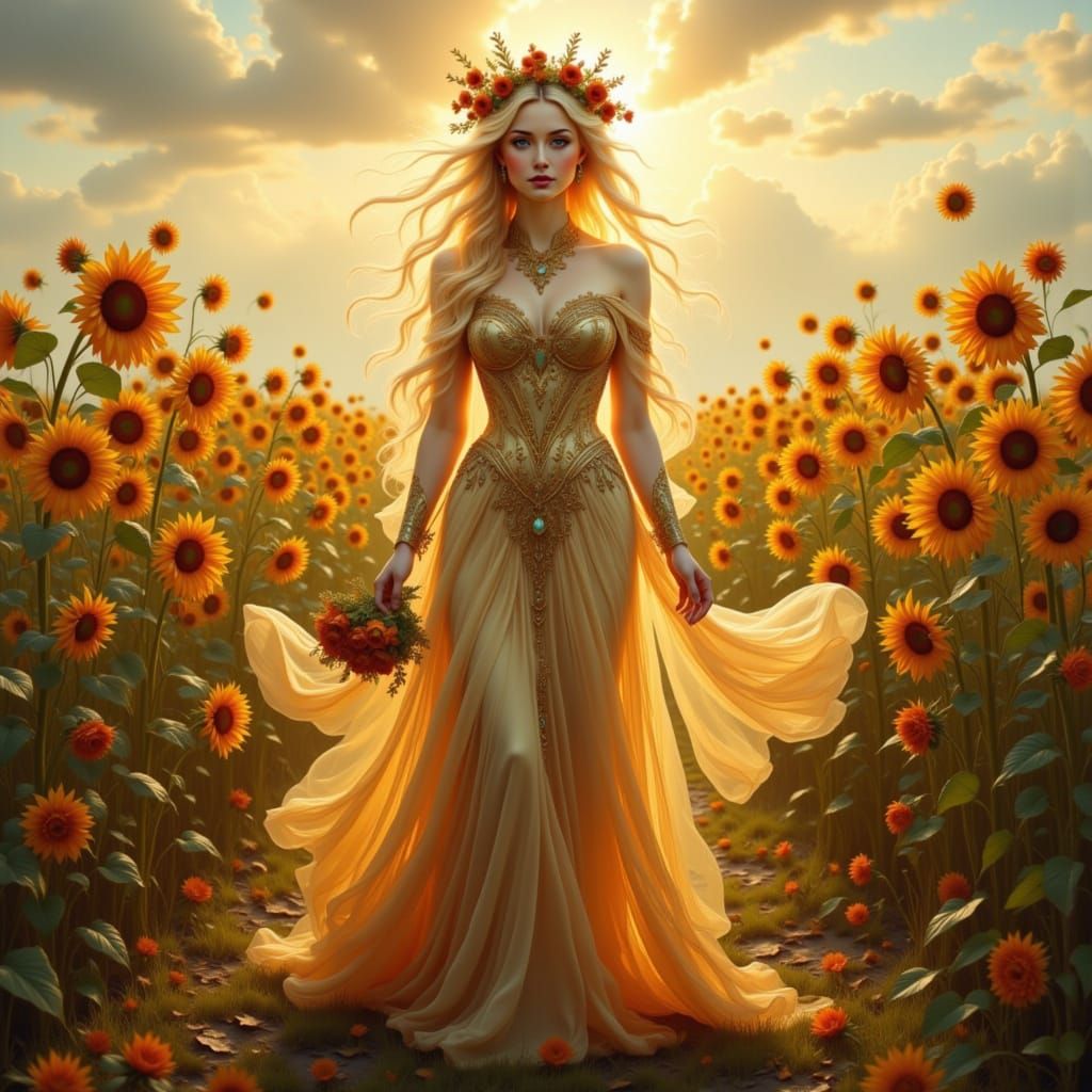 Autumn Goddess in Sunflower Field, Surreal Style