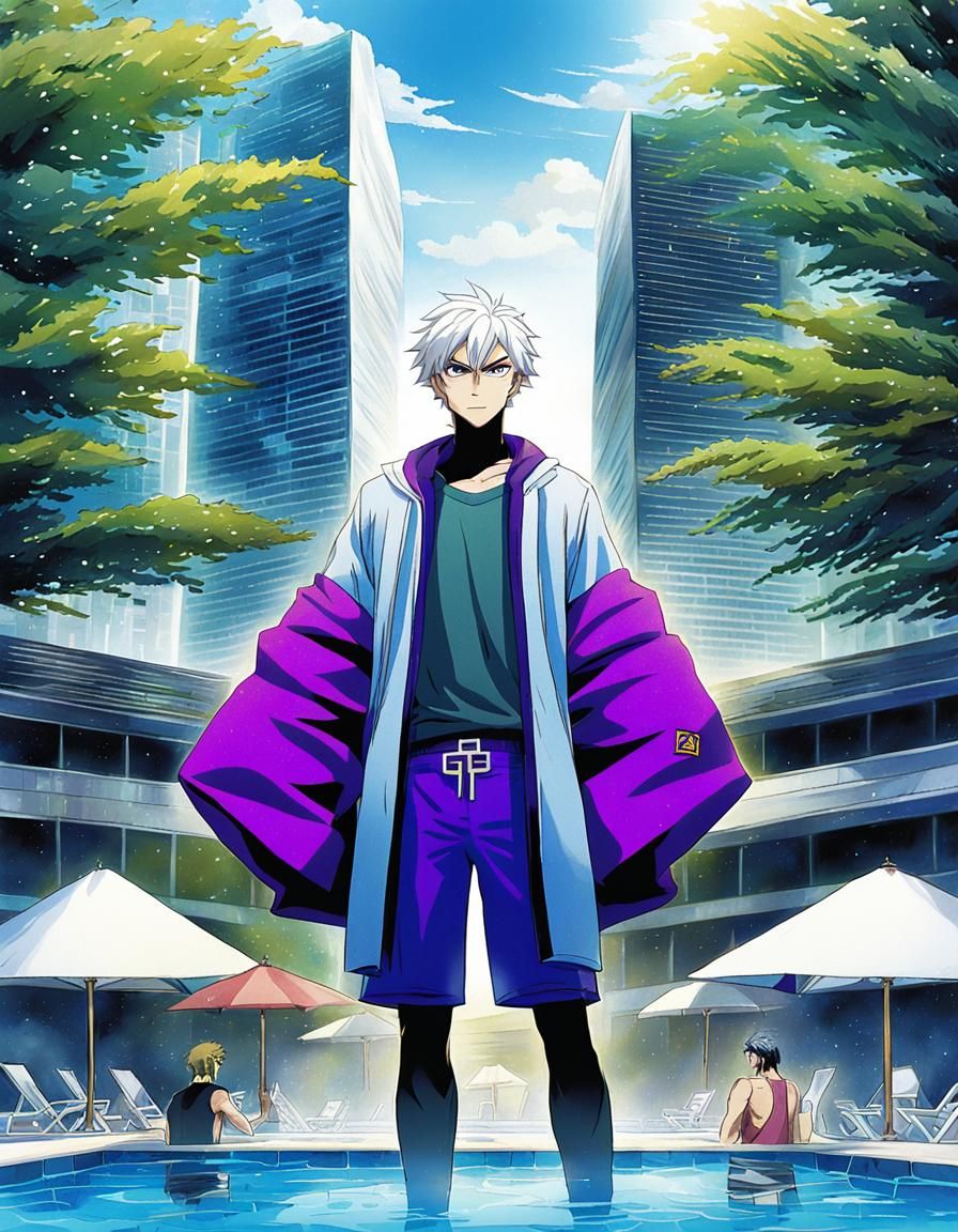 A teen guy with white hair is wearing purple swimming trunks...