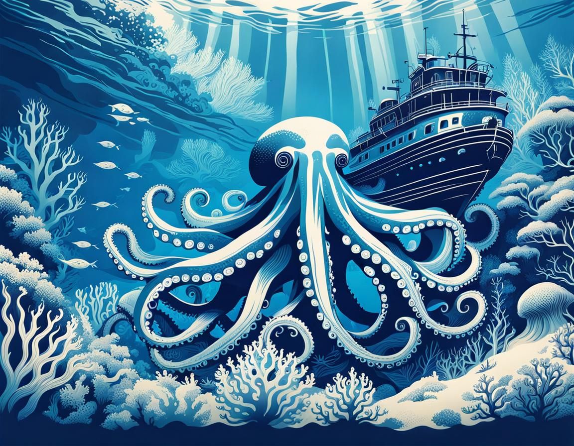 "(cyanotype printing), giant octopus, underwater wreck of ca...