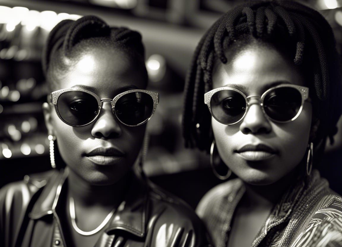 Black and white publicity photo of a female hiphop duo from