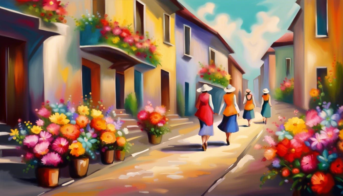 A town street decorated with flowers