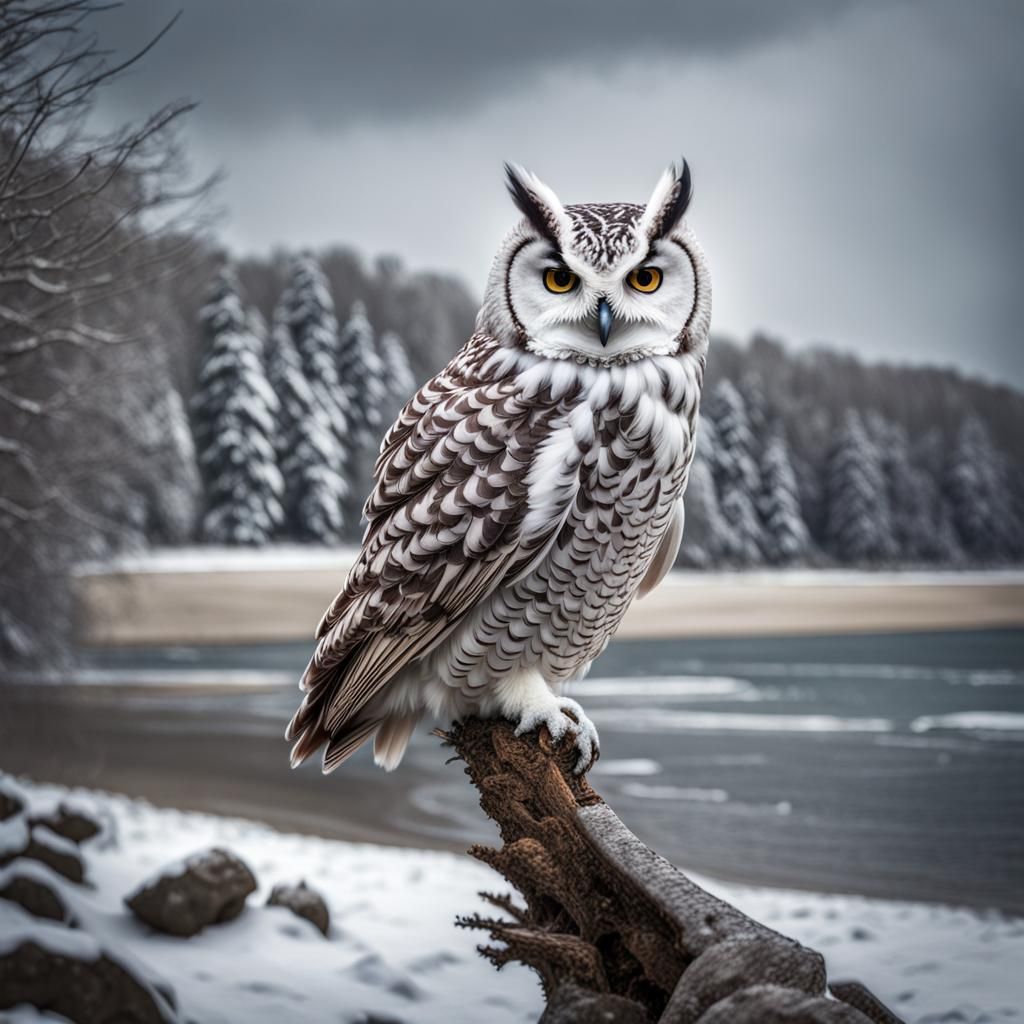 Snowy Riverside Forest and a single owl with a focus on a beach in the centre of the scene   by @The_Eagle